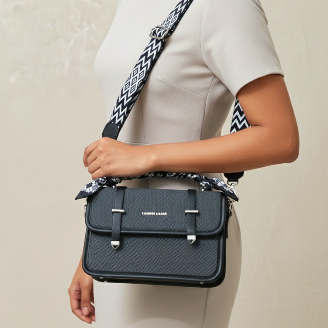 A woman in a white dress carrying a black sling bag.