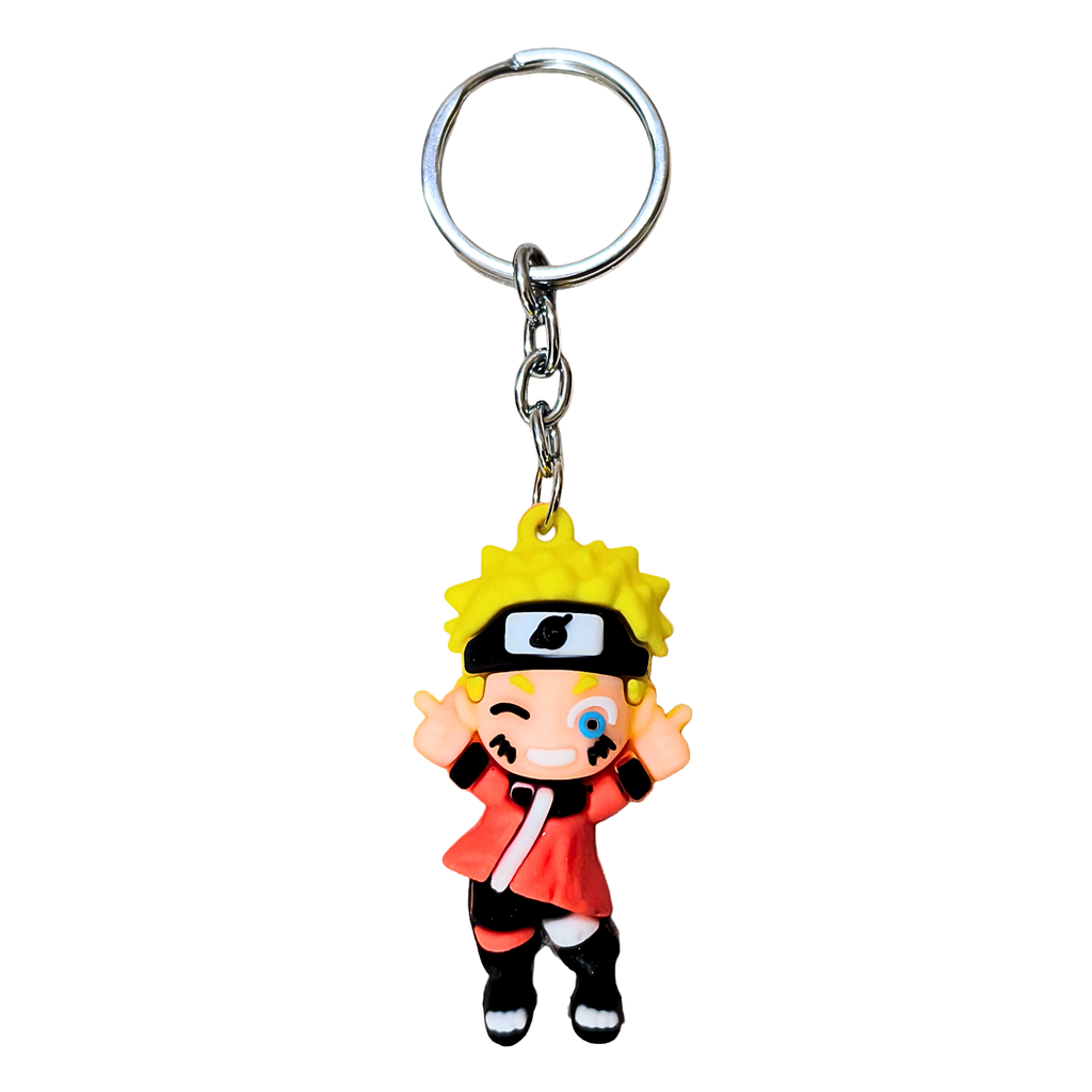 Keychain with a character in a red outfit and yellow hair on a white background