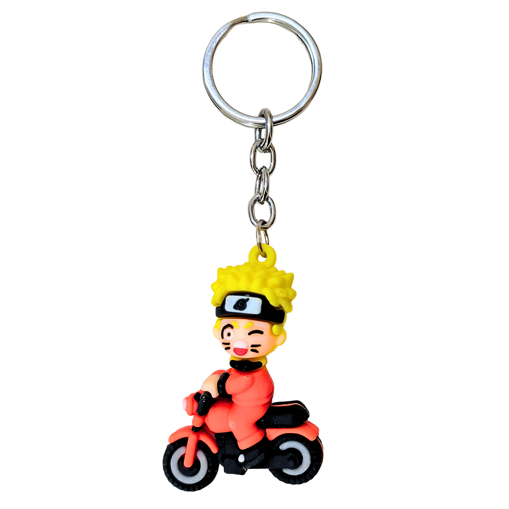 Keychain with a character on a motorcycle against a white background