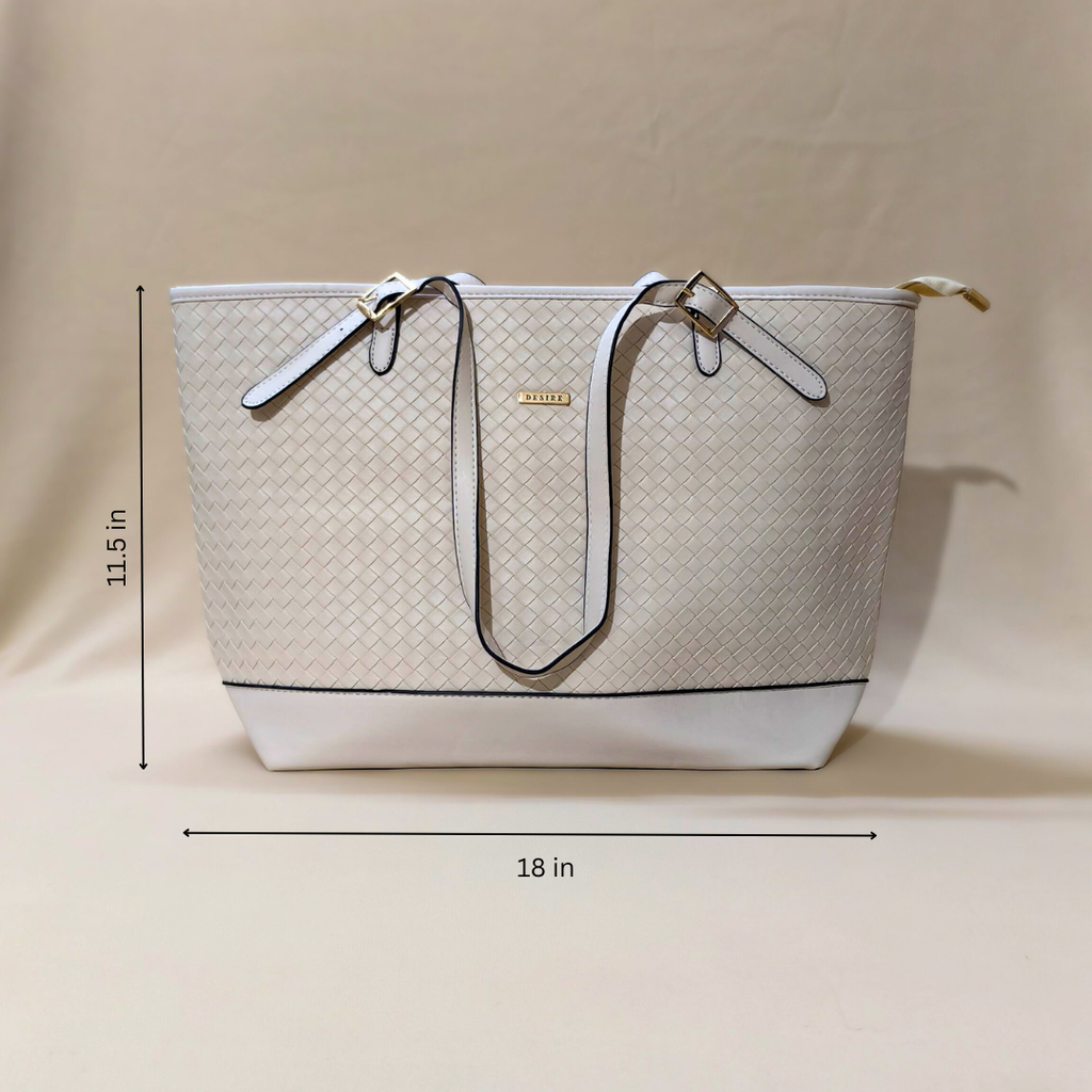 Beige handbag with dimensions displayed on a beige background