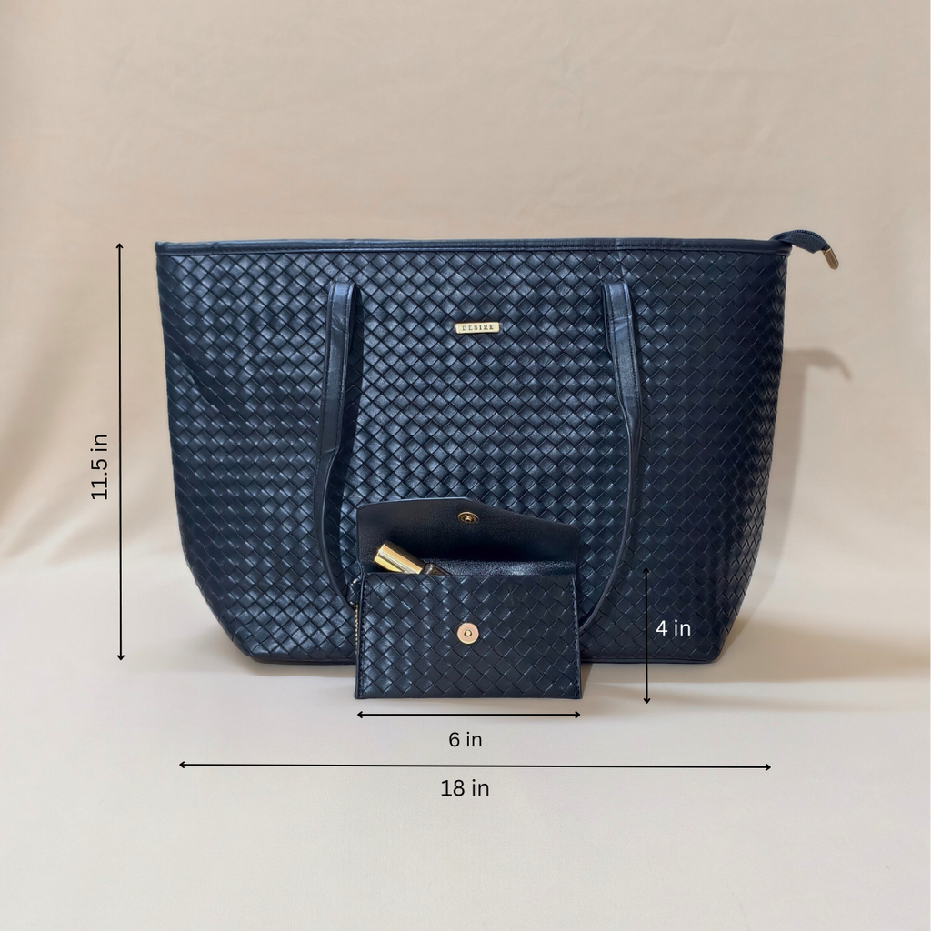 Blue woven handbag with matching pouch, shown with dimensions on a beige background