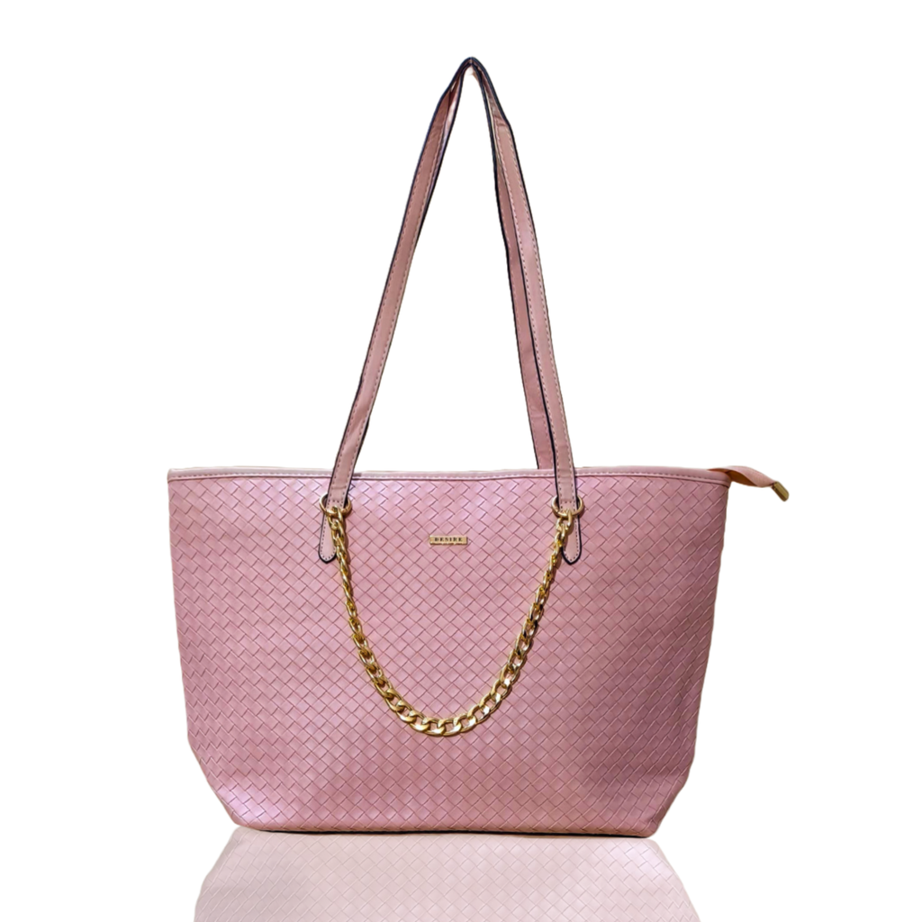 Blush Pink Woven Textured Tote Bag With Gold Chain Accessory For Women