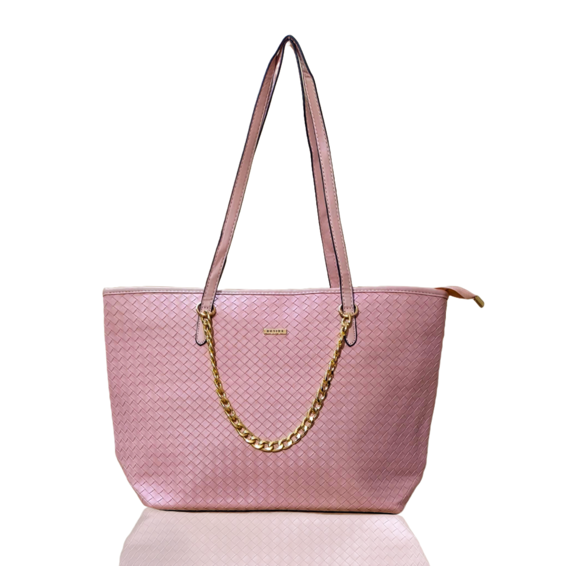 Blush Pink Woven Textured Tote Bag With Gold Chain Accessory For Women
