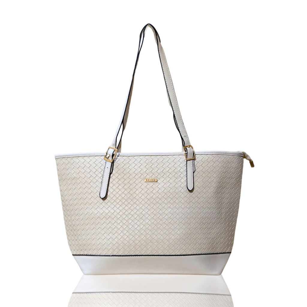 Beige handbag with a woven pattern on a white background