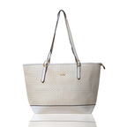 Beige handbag with a woven pattern on a white background