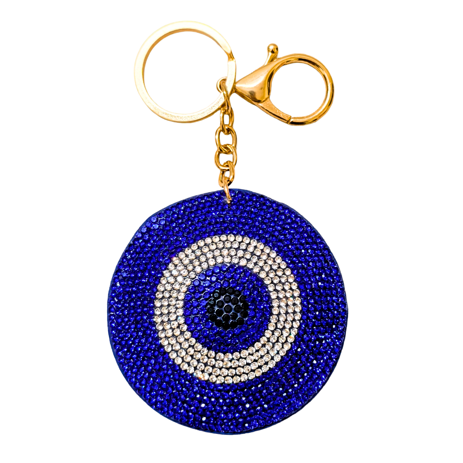 Blue and silver circular keychain with gold clasp on a white background
