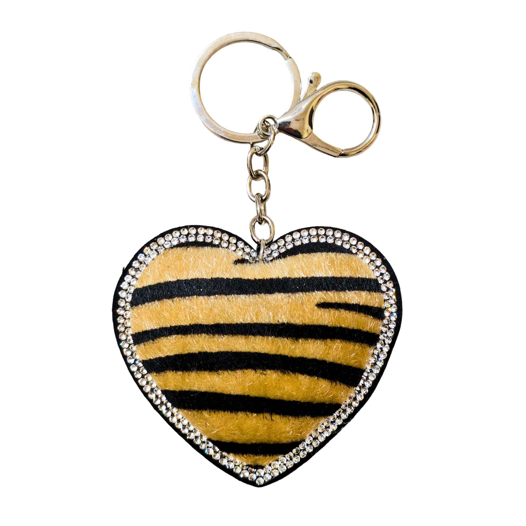 Heart-shaped keychain with black and yellow stripes on a white background