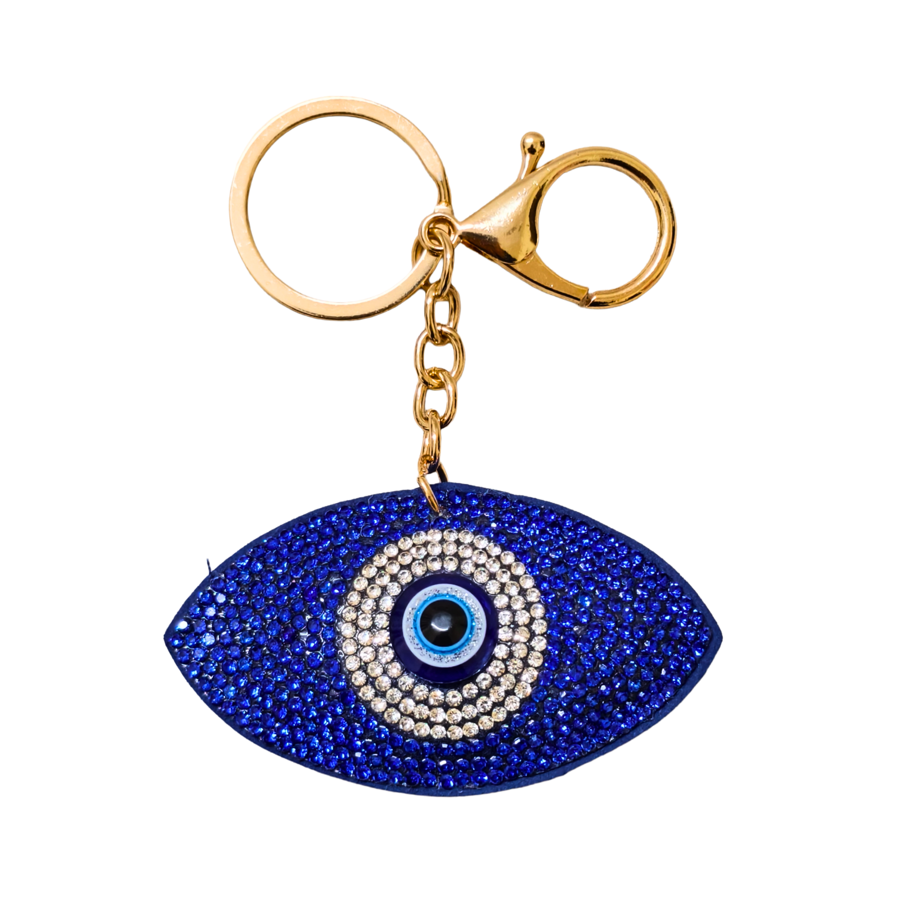 Keychain with eye design featuring blue and silver colors on a white background