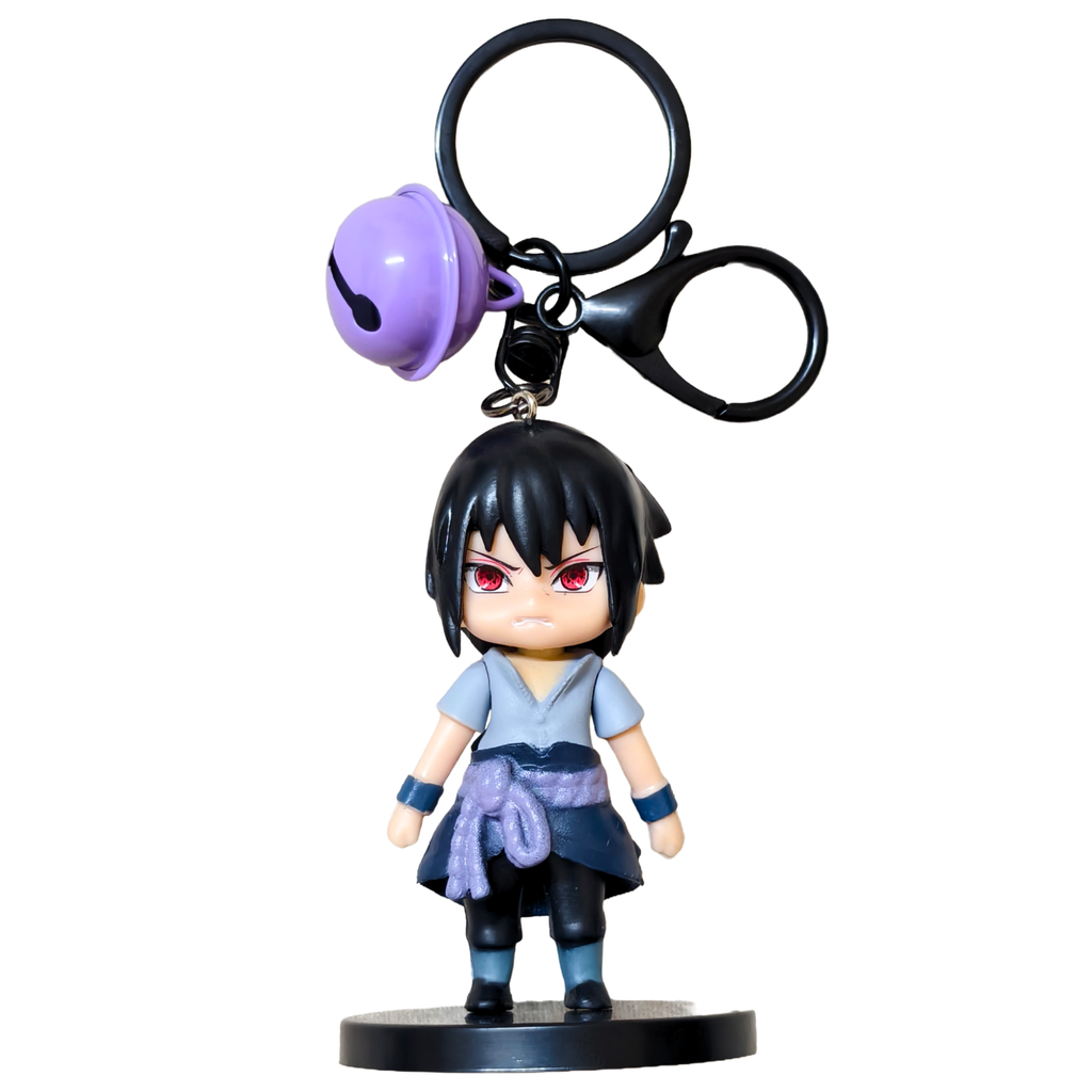 Keychain with a character figure and bell on a white background