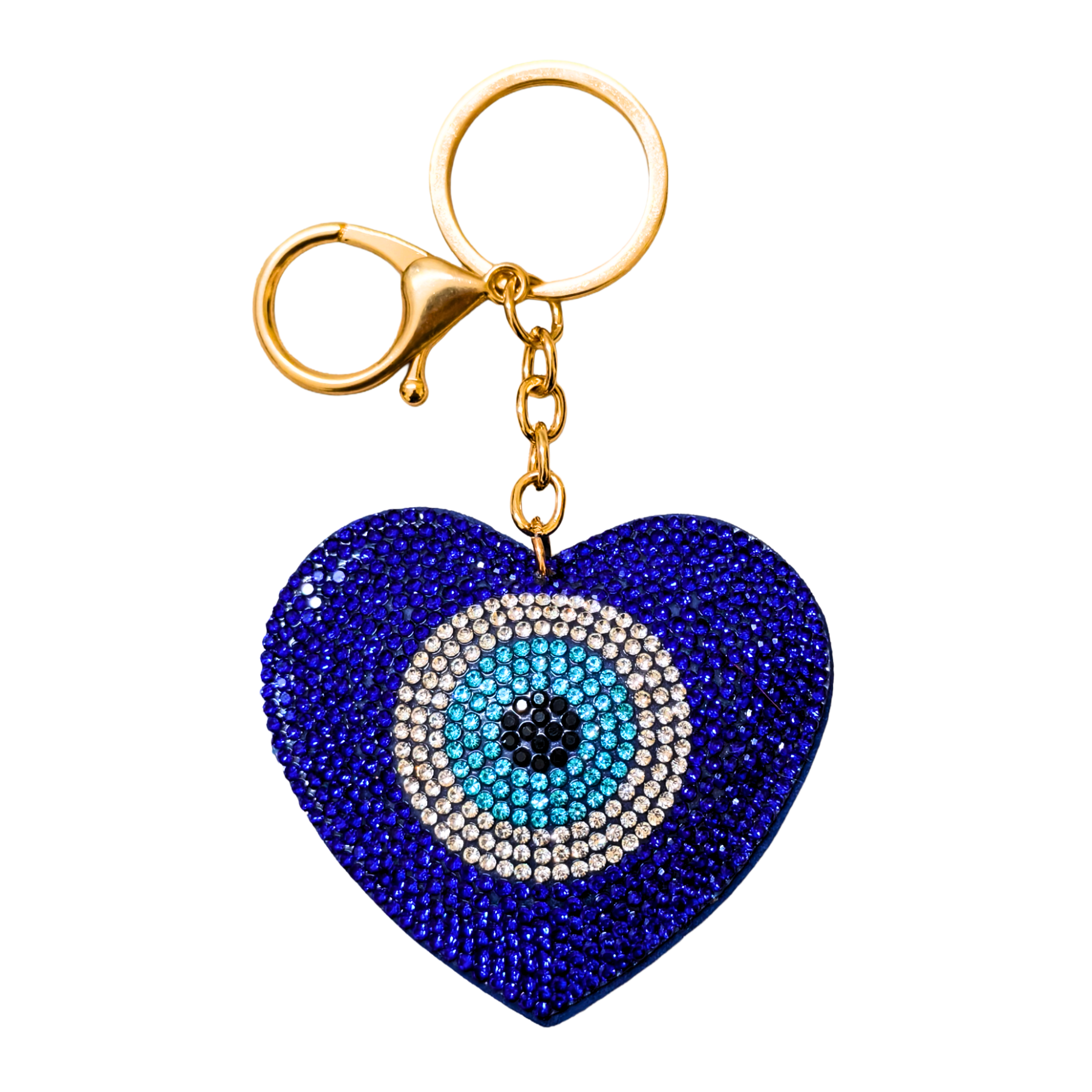 Heart-shaped keychain with blue and white pattern on a white background