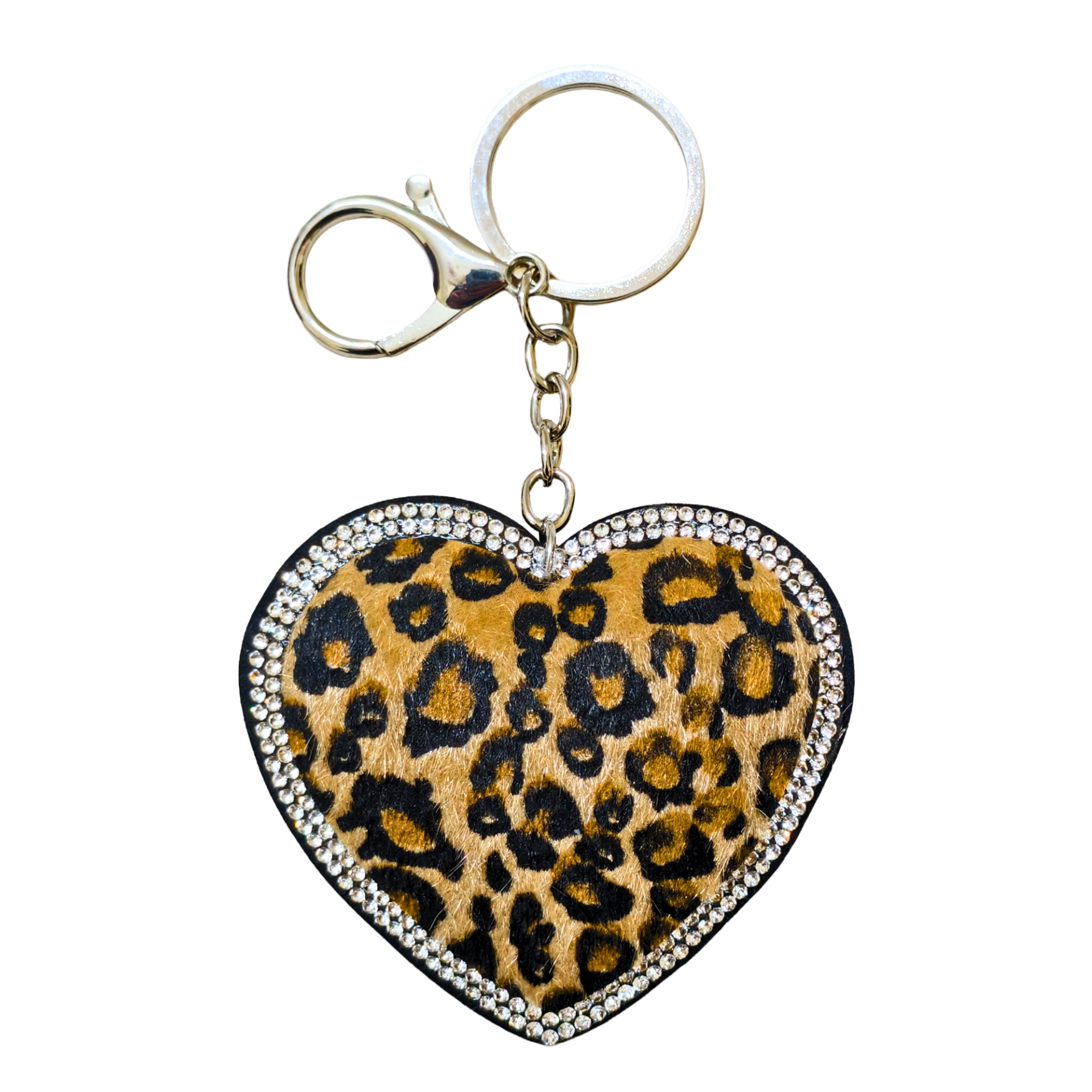Heart-shaped keychain with leopard print and rhinestones on a white background