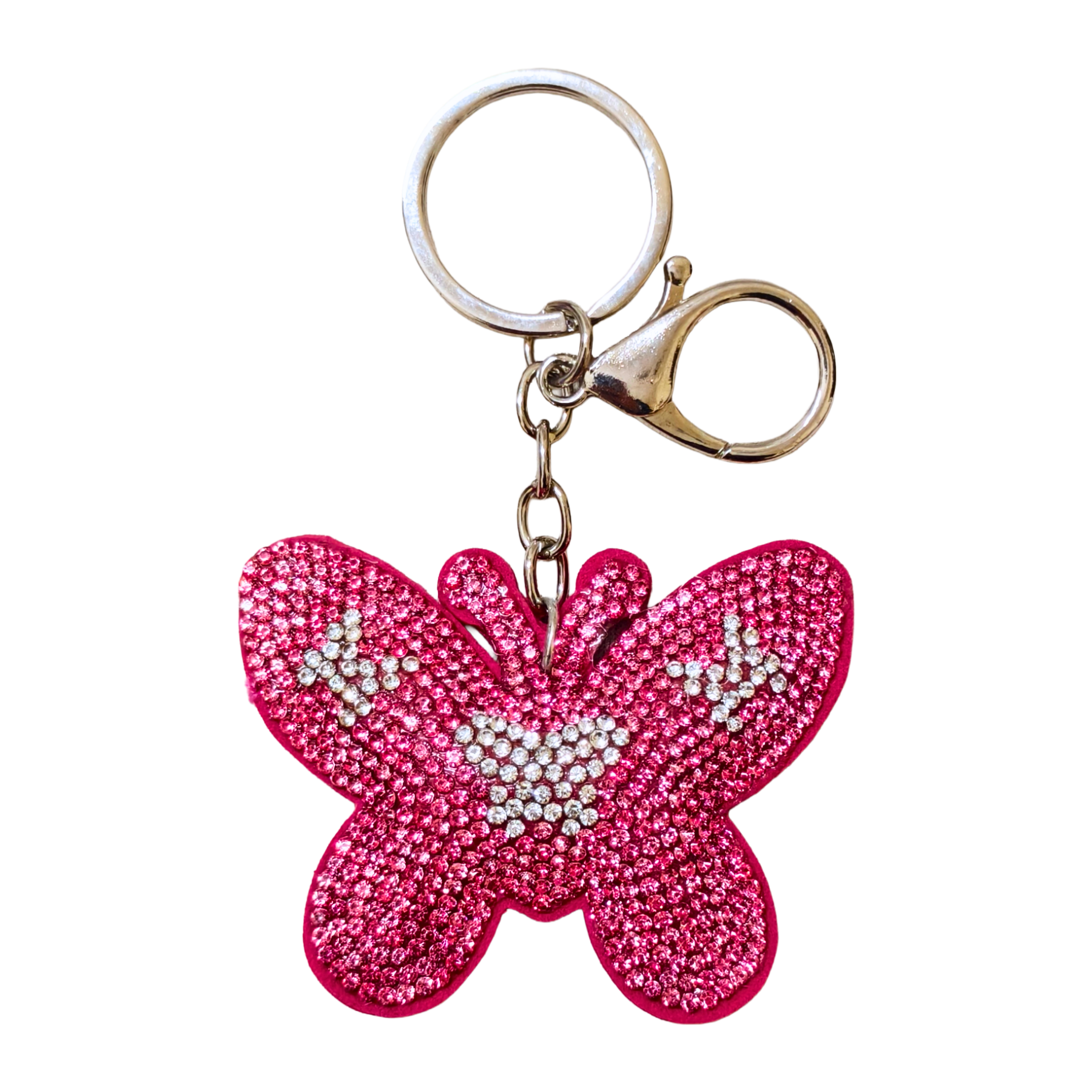Pink butterfly keychain with rhinestones on a white background