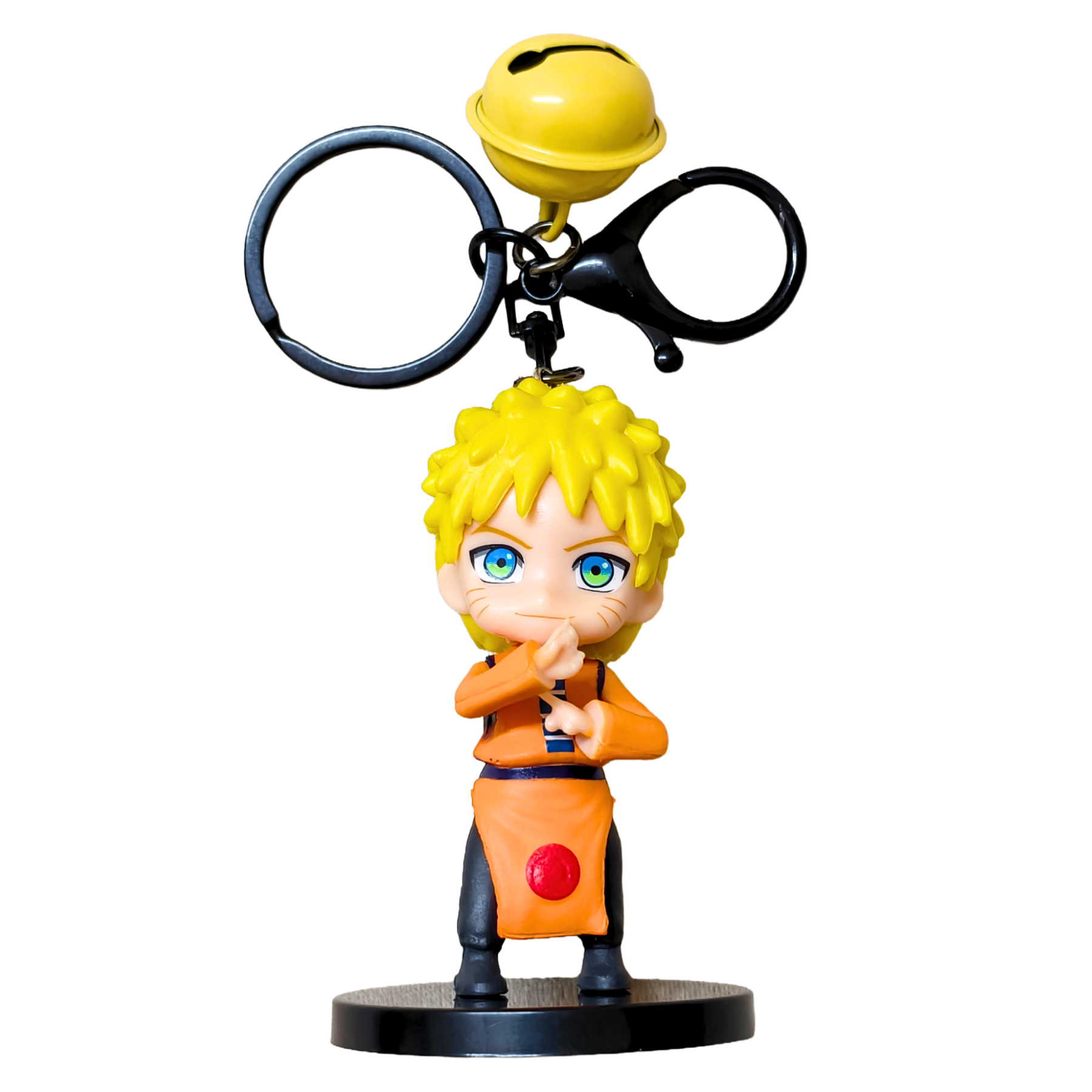 Anime character keychain with a bell on a white background